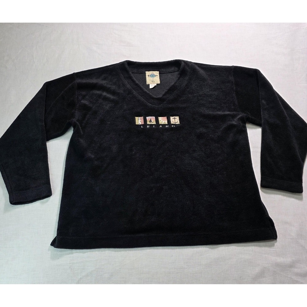 Leland Sweatshirt Womens XL Black V Neck Terry Cloth Embroidered EXP Designs USA